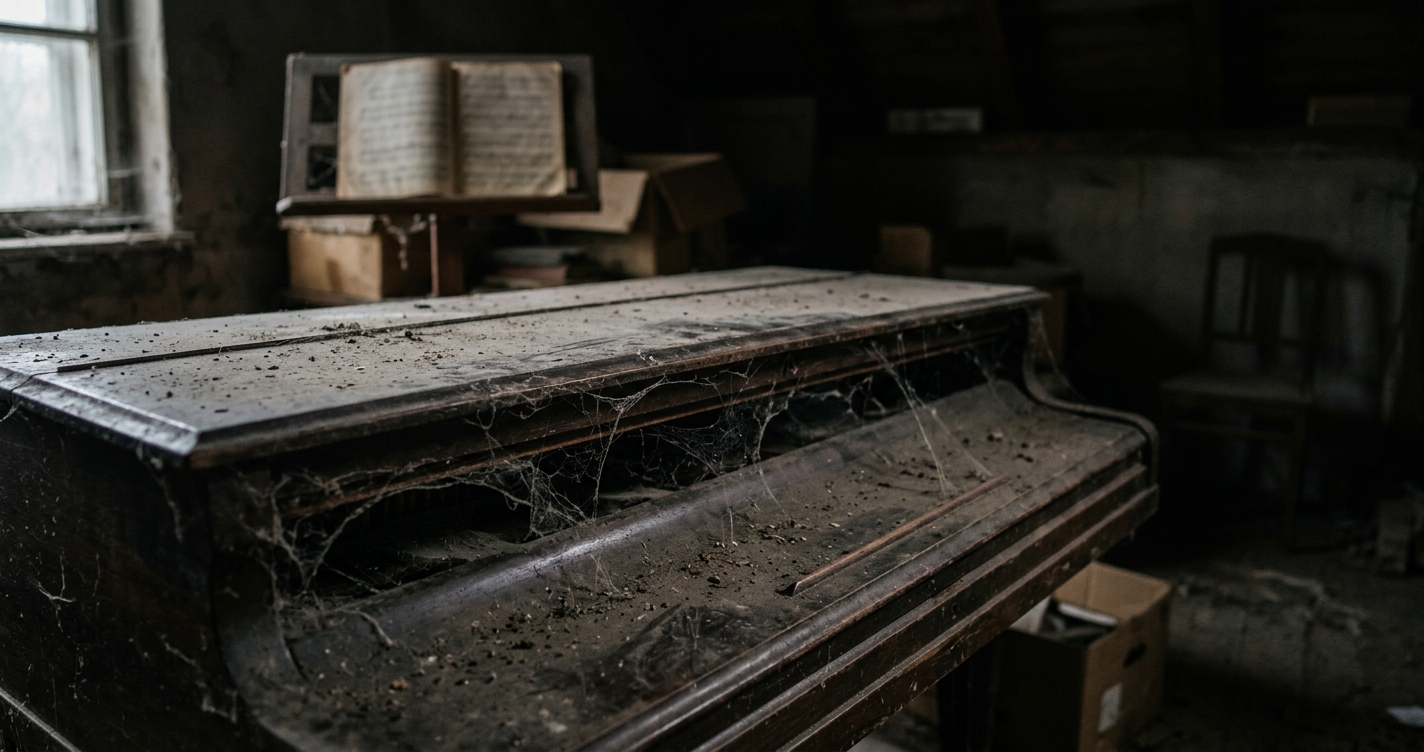 Dusty abandoned piano, symbolizing a dream waiting to be revived