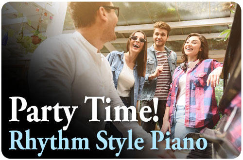 Pianoforall Rhythm Style Piano ebook cover showing party-style piano playing